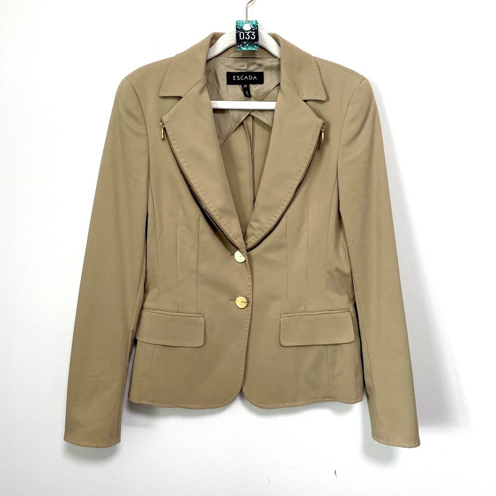 33.) Escada Tan Stretch Blazer with Gold Zipper Details- Size 38 (8 in USA)